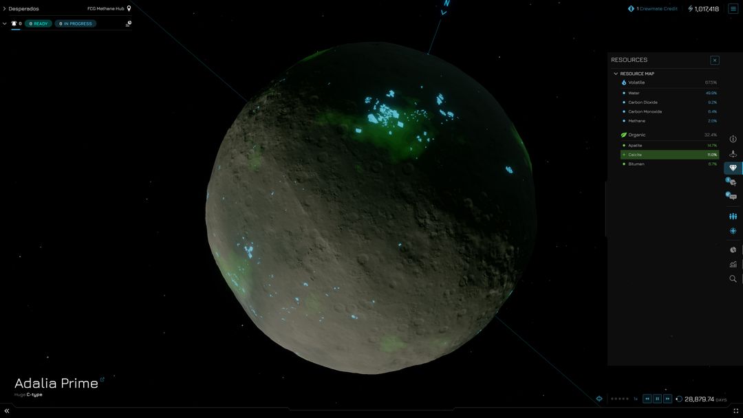 Resource deposits highlighted across the surface of Adalia Prime in Influence