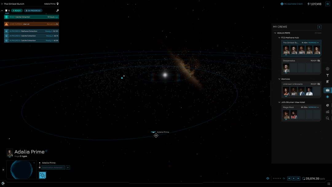 The Adalian asteroid belt with orbital paths and the player's crew panel