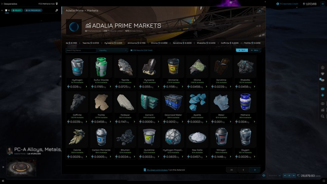 Influence's marketplace interface showing buy and sell orders on an asteroid